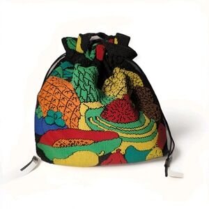 Vintage 1960-70s Neon Candy Hand Beaded Drawstring Boho Bag, made Hong Kong 16"